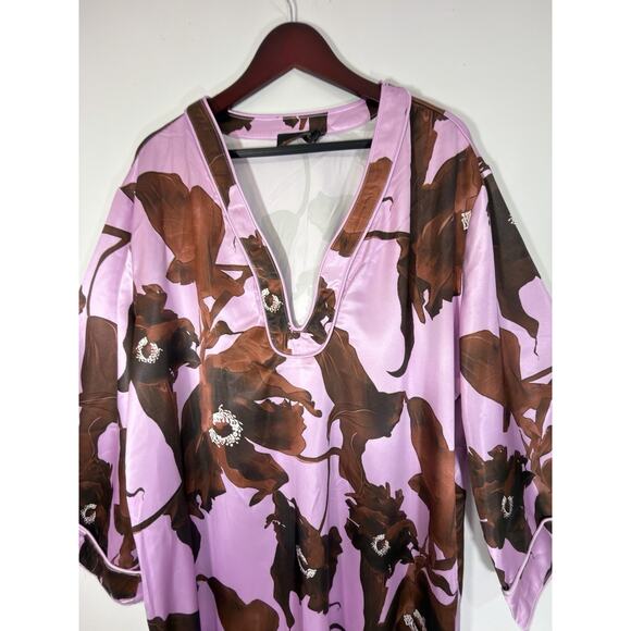 Nova Luxe Maximalist Satin Floral Caftan Maxi Dress 1X Deep V Resortwear Vacay - Picture 8 of 11